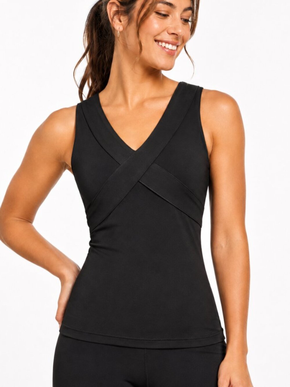 Kyodan Black Cross Front V Neck Tank P/S Built In Bra Yoga Pilates Workout